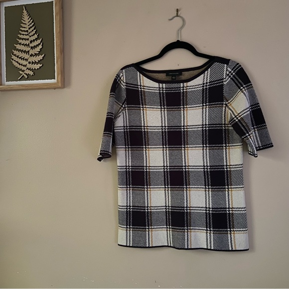 Ann Taylor• black yellow/orange fall plaid wool blend short sleeve top - Picture 7 of 13